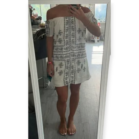 Off-shoulder Embroided Gauze Print Sceen Mini Dress Floral Pattern size Small - Picture 5 of 12